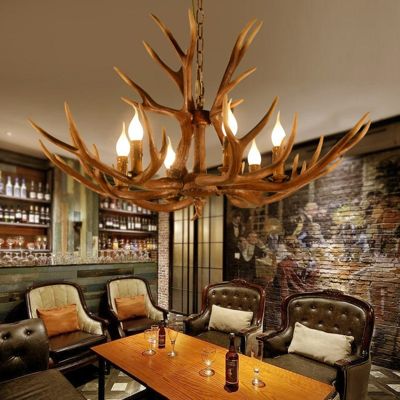 6-Light Original Wood Color Resin Deer Horn Chandelier - Rebooters