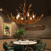 6-Light Original Wood Color Resin Deer Horn Chandelier - Rebooters