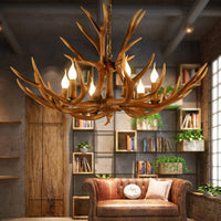 6-Light Original Wood Color Resin Deer Horn Chandelier - Rebooters