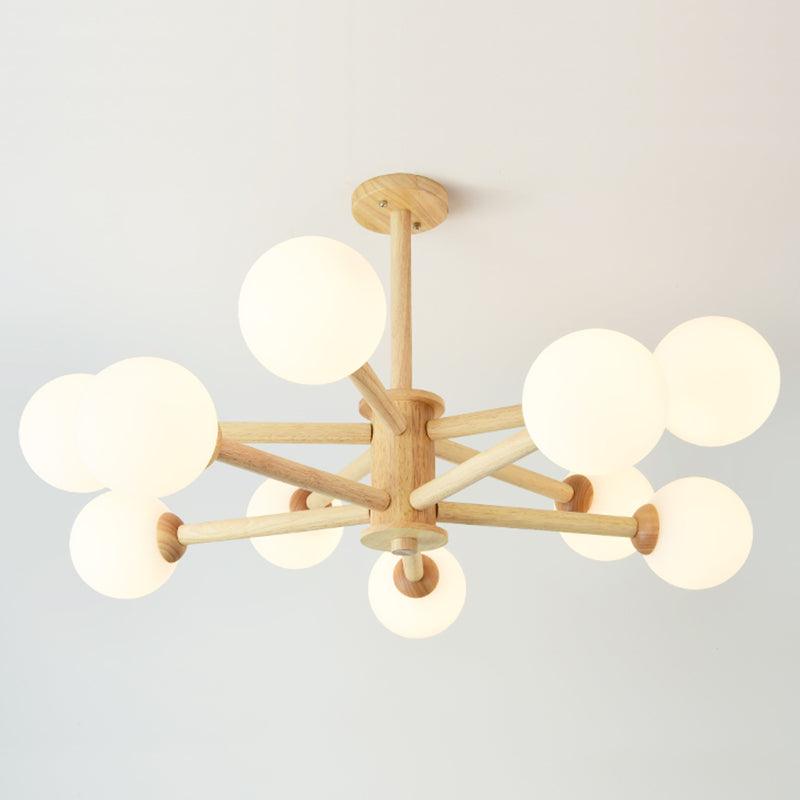 Beige Solid Wood Hanging Light Modern White Frosted Glass Chandelier - Rebooters