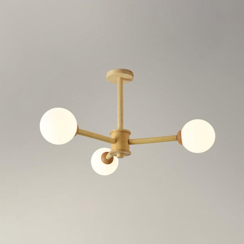 Beige Solid Wood Hanging Light Modern White Frosted Glass Chandelier - Rebooters
