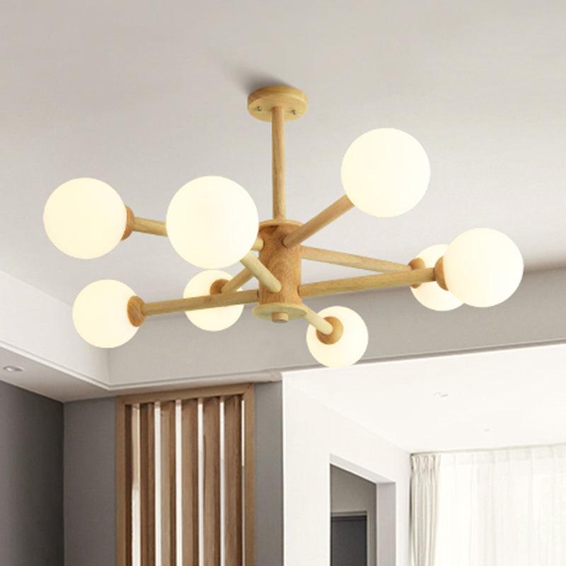 Beige Solid Wood Hanging Light Modern White Frosted Glass Chandelier - Rebooters