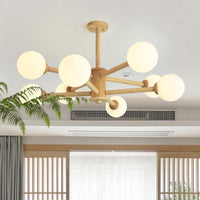 Beige Solid Wood Hanging Light Modern White Frosted Glass Chandelier - Rebooters