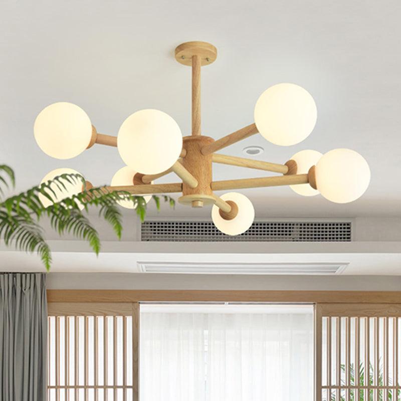 Beige Solid Wood Hanging Light Modern White Frosted Glass Chandelier - Rebooters