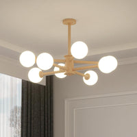 Beige Solid Wood Hanging Light Modern White Frosted Glass Chandelier - Rebooters