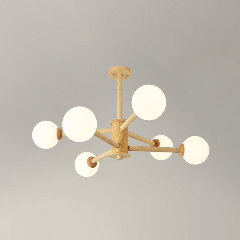 Beige Solid Wood Hanging Light Modern White Frosted Glass Chandelier - Rebooters