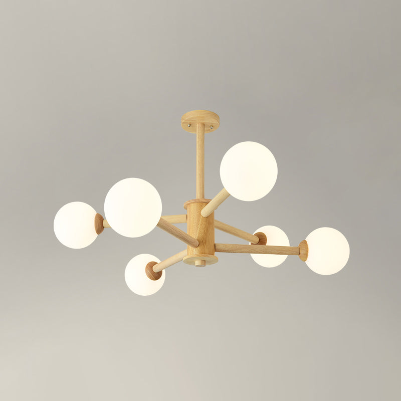 Beige Solid Wood Hanging Light Modern White Frosted Glass Chandelier - Rebooters