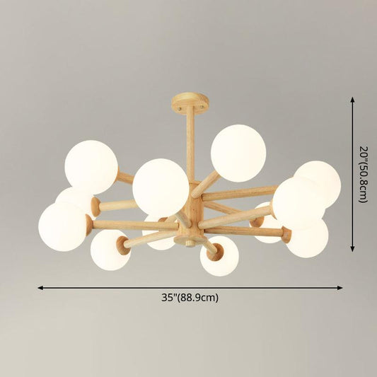 Beige Solid Wood Hanging Light Modern White Frosted Glass Chandelier - Rebooters