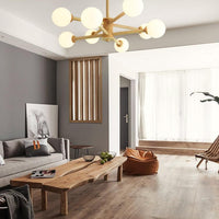 Beige Solid Wood Hanging Light Modern White Frosted Glass Chandelier - Rebooters