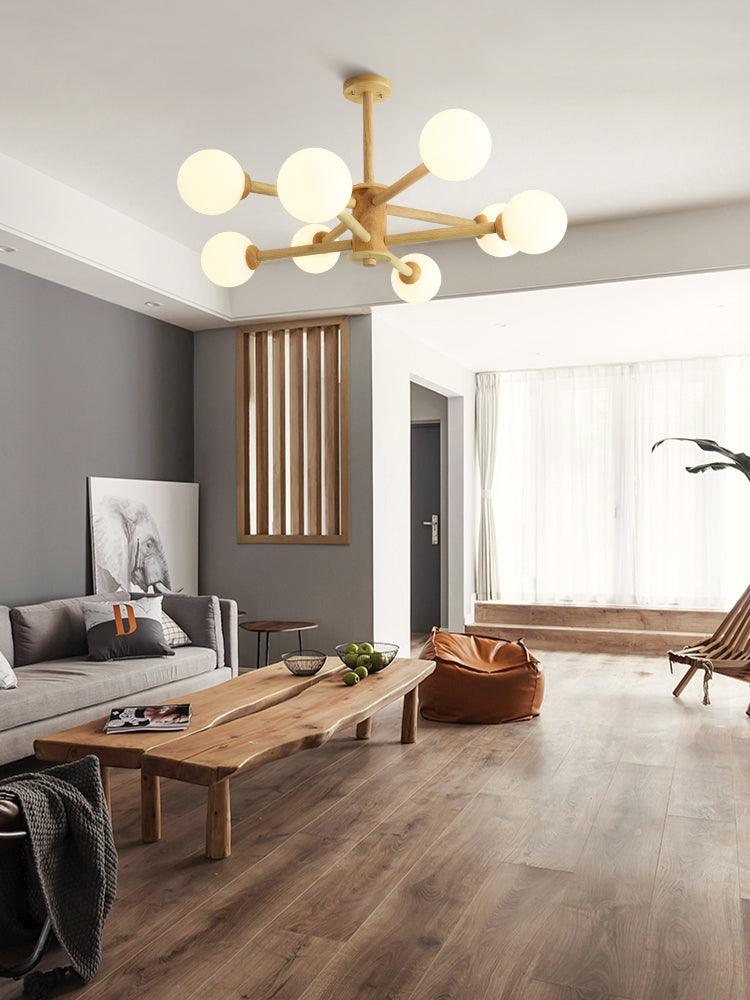 Beige Solid Wood Hanging Light Modern White Frosted Glass Chandelier - Rebooters