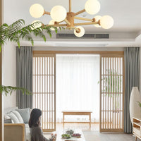 Beige Solid Wood Hanging Light Modern White Frosted Glass Chandelier - Rebooters