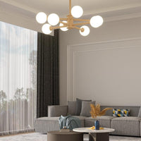 Beige Solid Wood Hanging Light Modern White Frosted Glass Chandelier - Rebooters