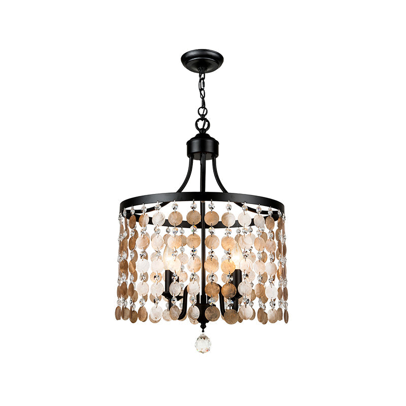 Vintage Style Round Chandelier Light Metal and Shell 4 Lights Suspension Light in Black - Rebooters