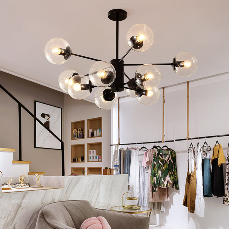 Modern Metal Hanging Chandelier Light Spherical Glass Shade in Black - Rebooters