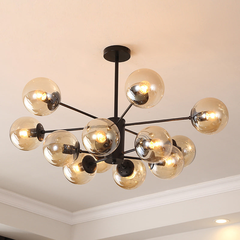Modern Metal Hanging Chandelier Light Spherical Glass Shade in Black - Rebooters