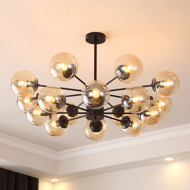 Modern Metal Hanging Chandelier Light Spherical Glass Shade in Black - Rebooters