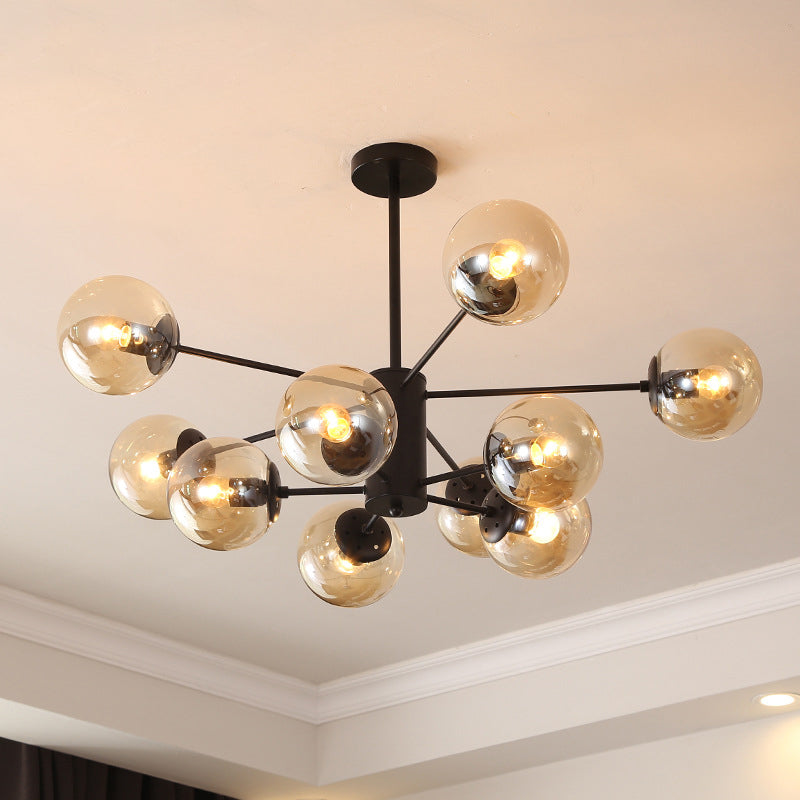 Modern Metal Hanging Chandelier Light Spherical Glass Shade in Black - Rebooters