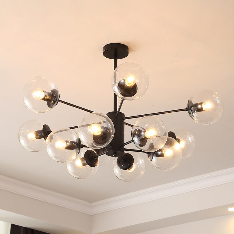Modern Metal Hanging Chandelier Light Spherical Glass Shade in Black - Rebooters
