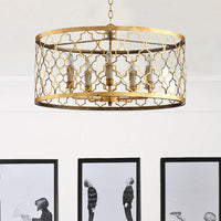5 Lights Ceiling Suspension Lamp Country Drum Metal Chandelier Lighting in Gold for Living Room - Rebooters