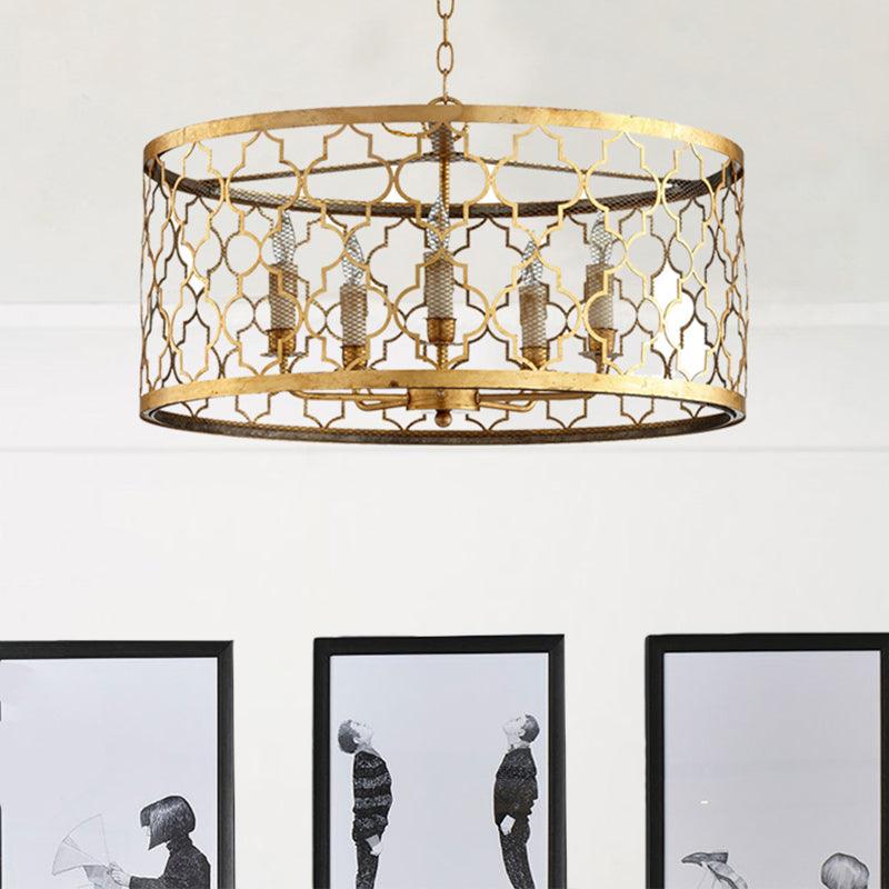 5 Lights Ceiling Suspension Lamp Country Drum Metal Chandelier Lighting in Gold for Living Room - Rebooters