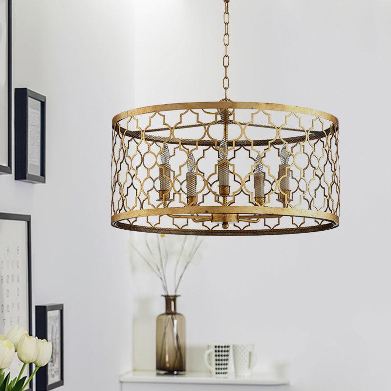 5 Lights Ceiling Suspension Lamp Country Drum Metal Chandelier Lighting in Gold for Living Room - Rebooters