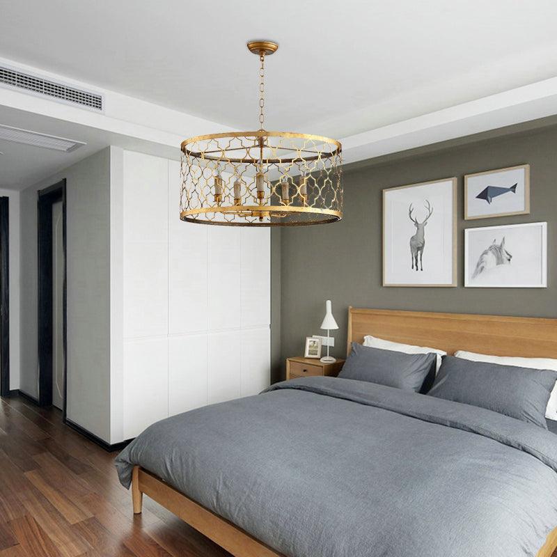 5 Lights Ceiling Suspension Lamp Country Drum Metal Chandelier Lighting in Gold for Living Room - Rebooters