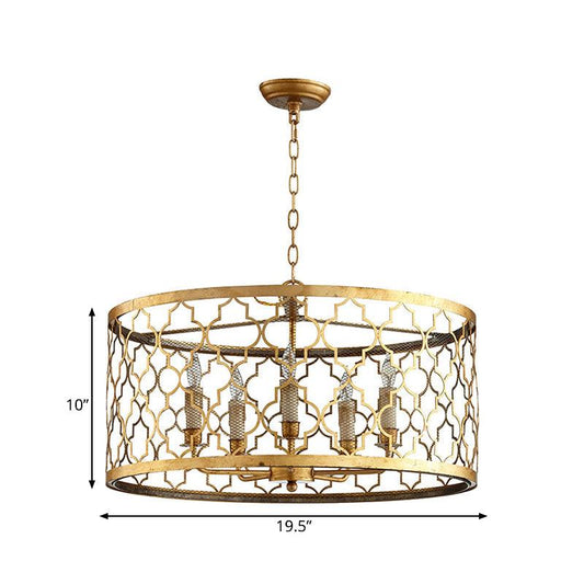 5 Lights Ceiling Suspension Lamp Country Drum Metal Chandelier Lighting in Gold for Living Room - Rebooters