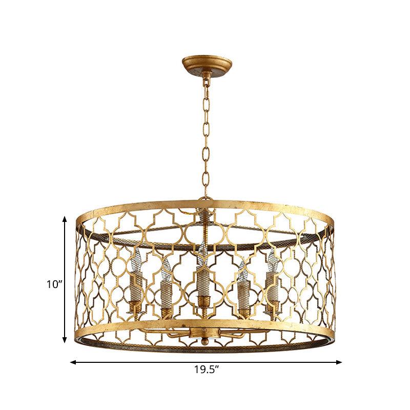 5 Lights Ceiling Suspension Lamp Country Drum Metal Chandelier Lighting in Gold for Living Room - Rebooters