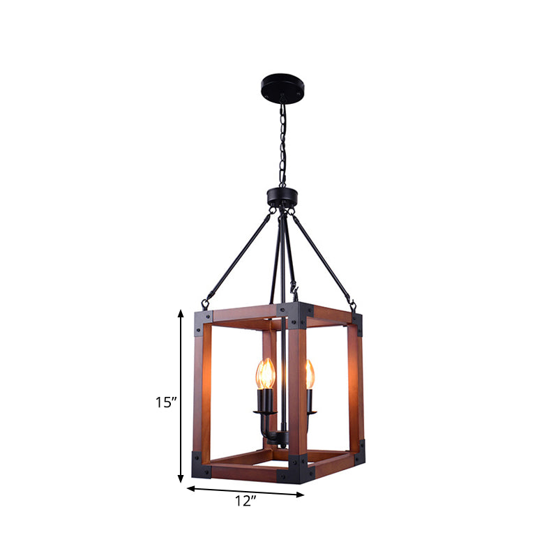Metal Square Frame Pendant Lighting Fixture Traditional 4 Lights Restaurant Ceiling Chandelier in Dark Wood - Rebooters