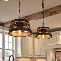 3 Lights Drum Ceiling Pendant Vintage Wood Metal Chandelier - Rebooters