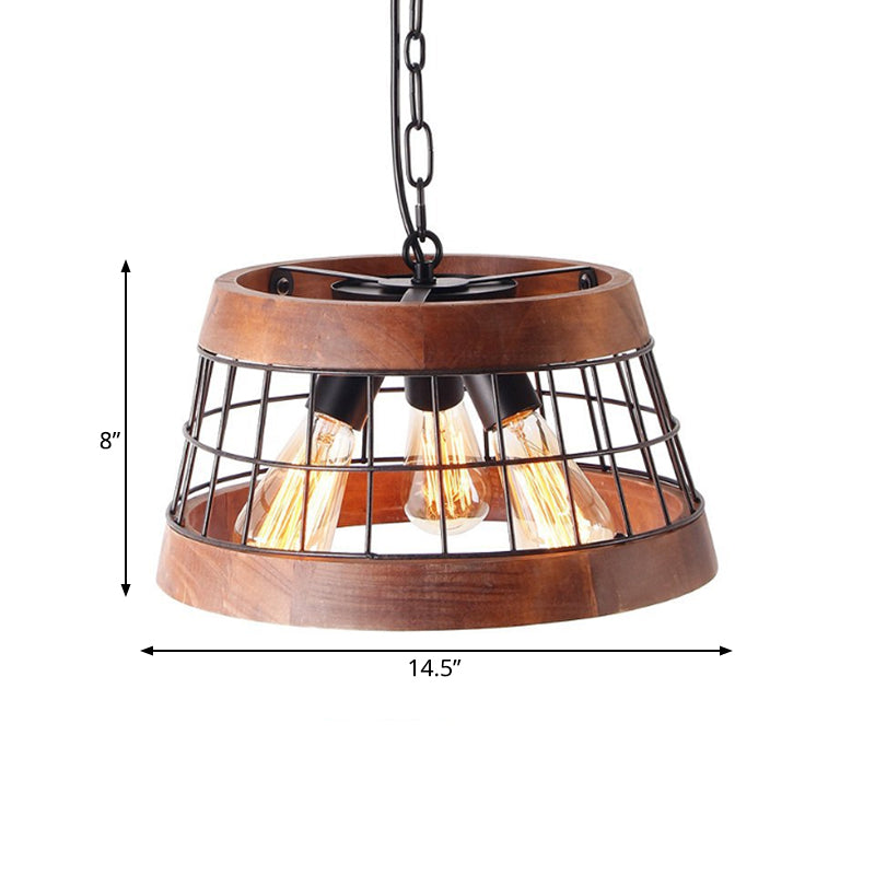 3 Lights Drum Ceiling Pendant Vintage Wood Metal Chandelier - Rebooters