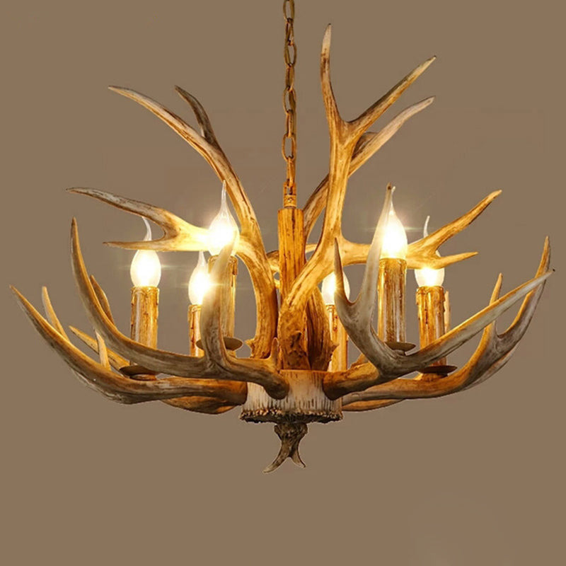 Wood Finish Antler Chandelier Lighting Rustic Resin Lamp - Rebooters