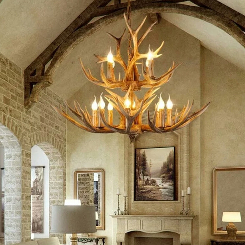 Wood Finish Antler Chandelier Lighting Rustic Resin Lamp - Rebooters