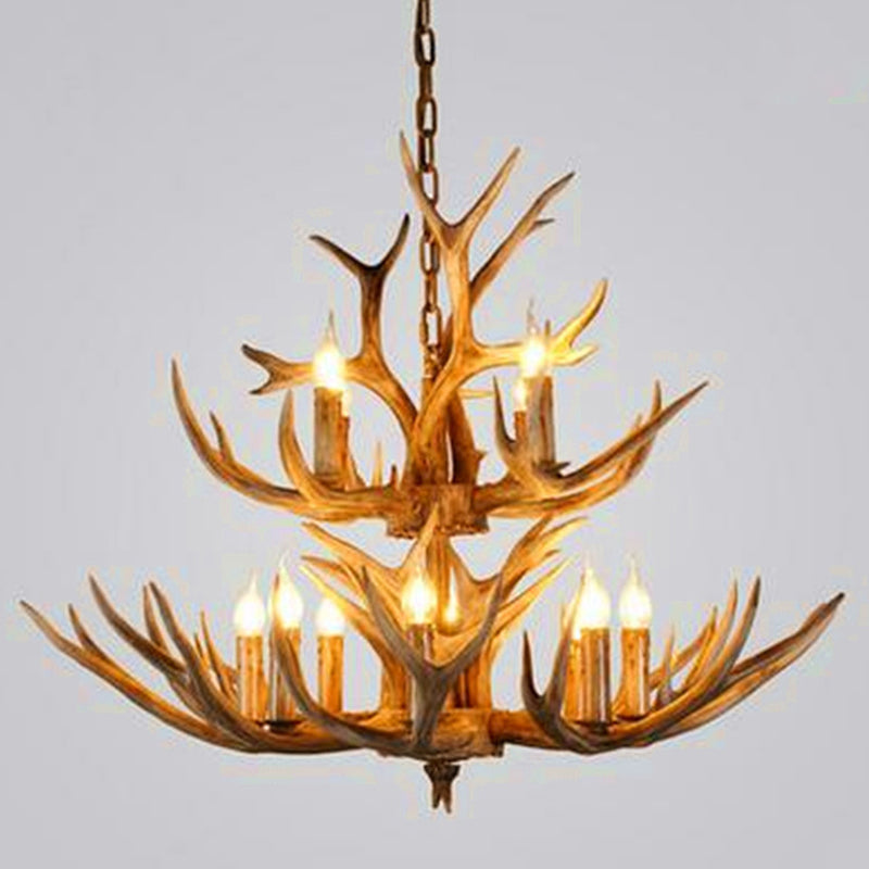 Wood Finish Antler Chandelier Lighting Rustic Resin Lamp - Rebooters