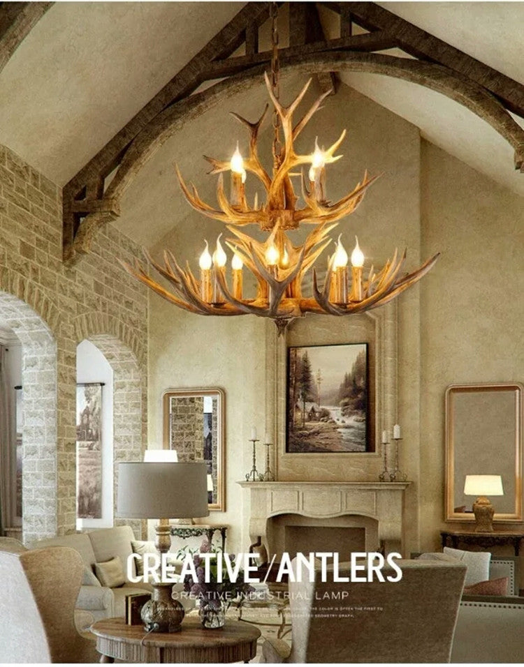 Wood Finish Antler Chandelier Lighting Rustic Resin Lamp - Rebooters