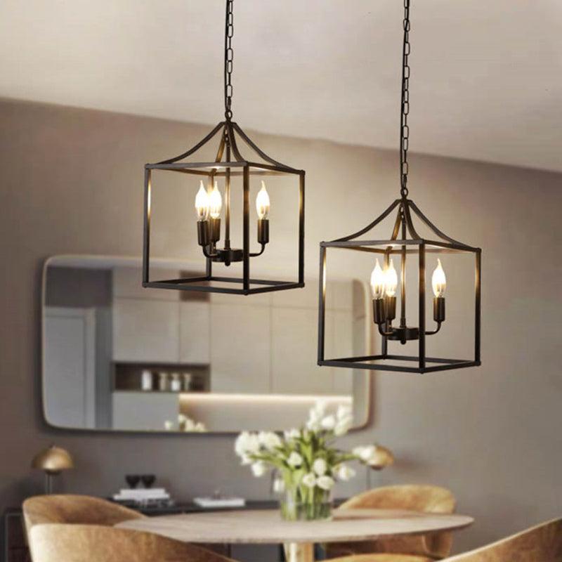 Black 3 Lights Pendant Lighting Retro Square Cage Chandelier - Rebooters