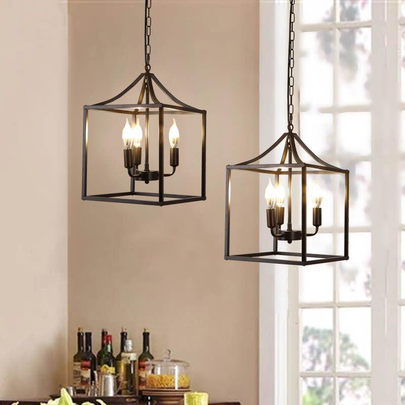 Black 3 Lights Pendant Lighting Retro Square Cage Chandelier - Rebooters