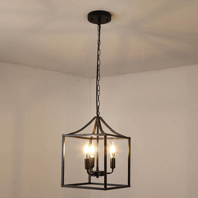 Black 3 Lights Pendant Lighting Retro Square Cage Chandelier - Rebooters
