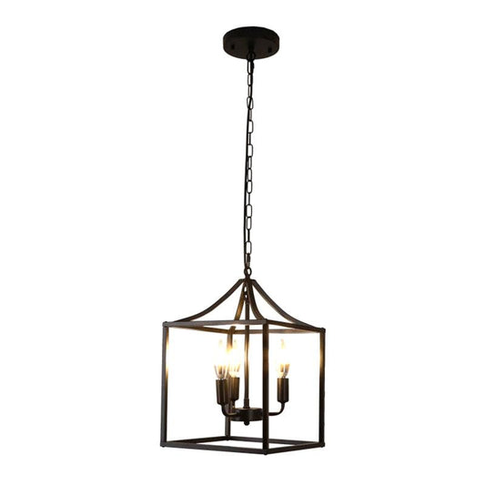 Black 3 Lights Pendant Lighting Retro Square Cage Chandelier - Rebooters