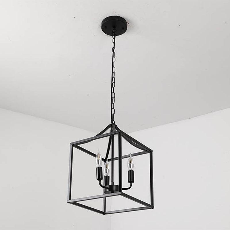 Black 3 Lights Pendant Lighting Retro Square Cage Chandelier - Rebooters