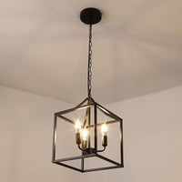 Black 3 Lights Pendant Lighting Retro Square Cage Chandelier - Rebooters