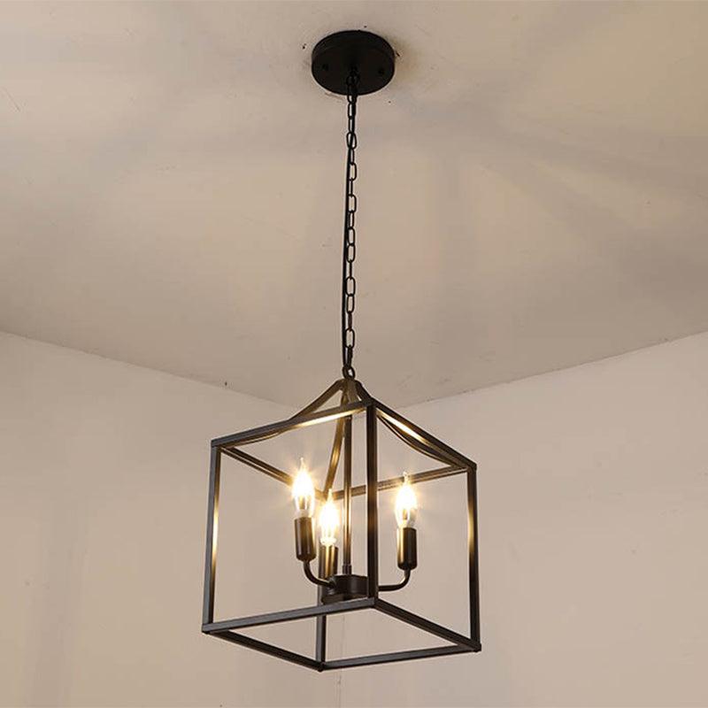 Black 3 Lights Pendant Lighting Retro Square Cage Chandelier - Rebooters