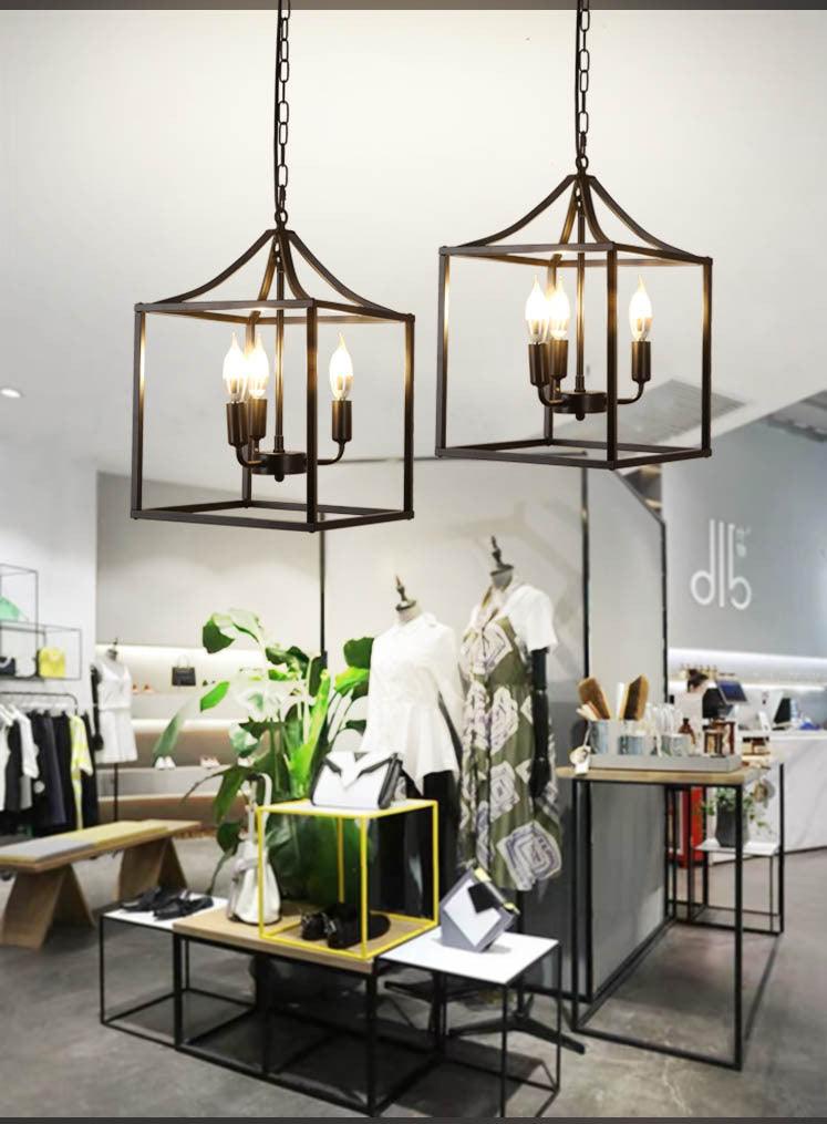 Black 3 Lights Pendant Lighting Retro Square Cage Chandelier - Rebooters