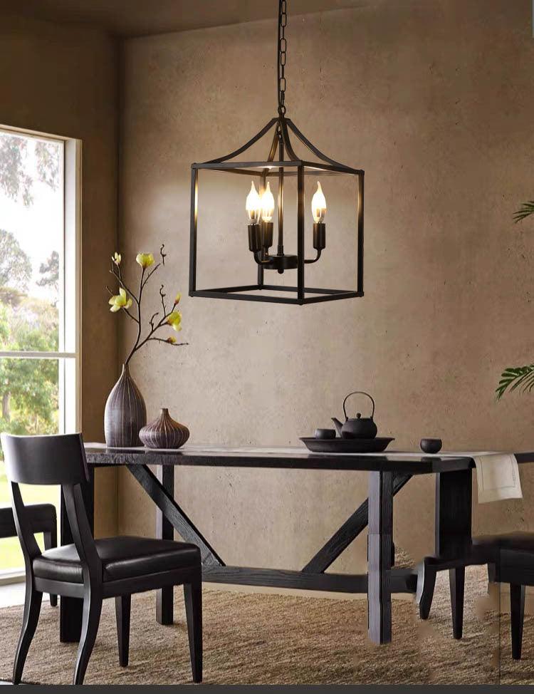 Black 3 Lights Pendant Lighting Retro Square Cage Chandelier - Rebooters