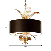 6 Lights Ceiling Light Country Drum Fabric Hanging Chandelier in Black for Dining Room with Leaves Deco - Rebooters