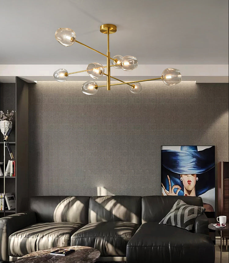 Post-Modern Metal Hanging Chandelier Light Glass Shade in Gold for Living Room - Rebooters
