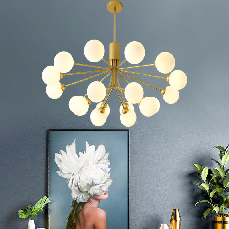 Post-Modern Starburst Hanging Chandelier Light Opal Glass Shade Ceiling Chandelier in Gold - Rebooters