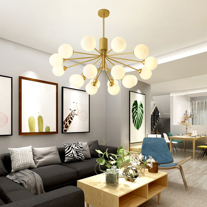 Post-Modern Starburst Hanging Chandelier Light Opal Glass Shade Ceiling Chandelier in Gold - Rebooters