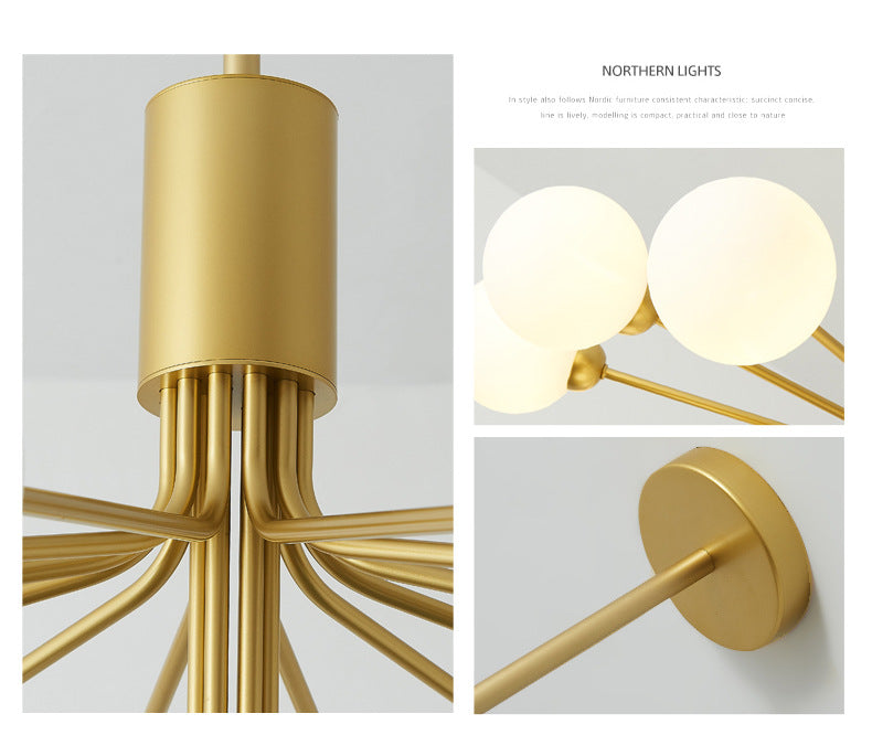 Post-Modern Starburst Hanging Chandelier Light Opal Glass Shade Ceiling Chandelier in Gold - Rebooters
