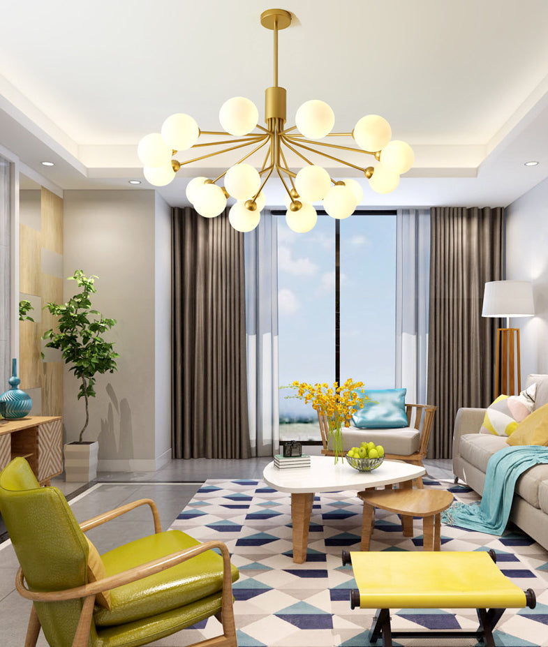 Post-Modern Starburst Hanging Chandelier Light Opal Glass Shade Ceiling Chandelier in Gold - Rebooters